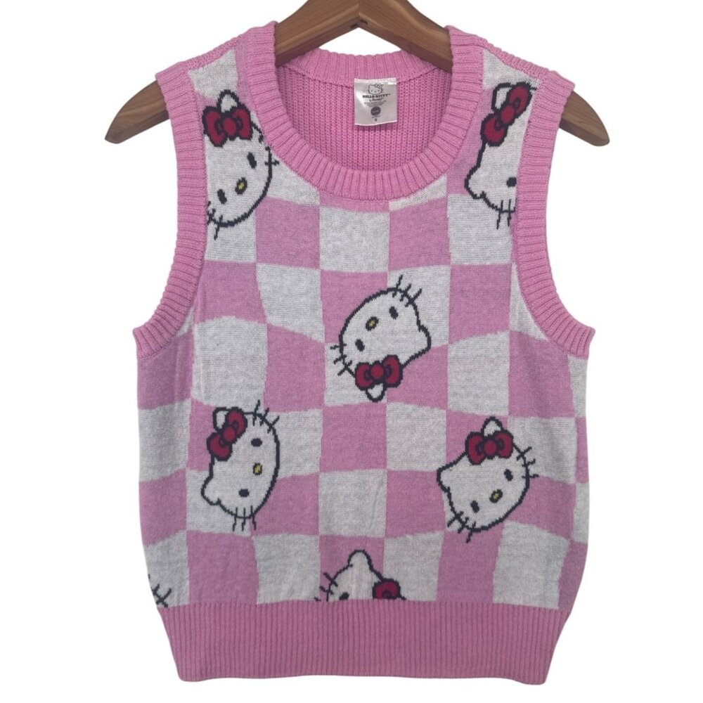 Hello Kitty Women Sweater Vest Sz S Sanrio Pink/White Checkerboard Retro Novelty